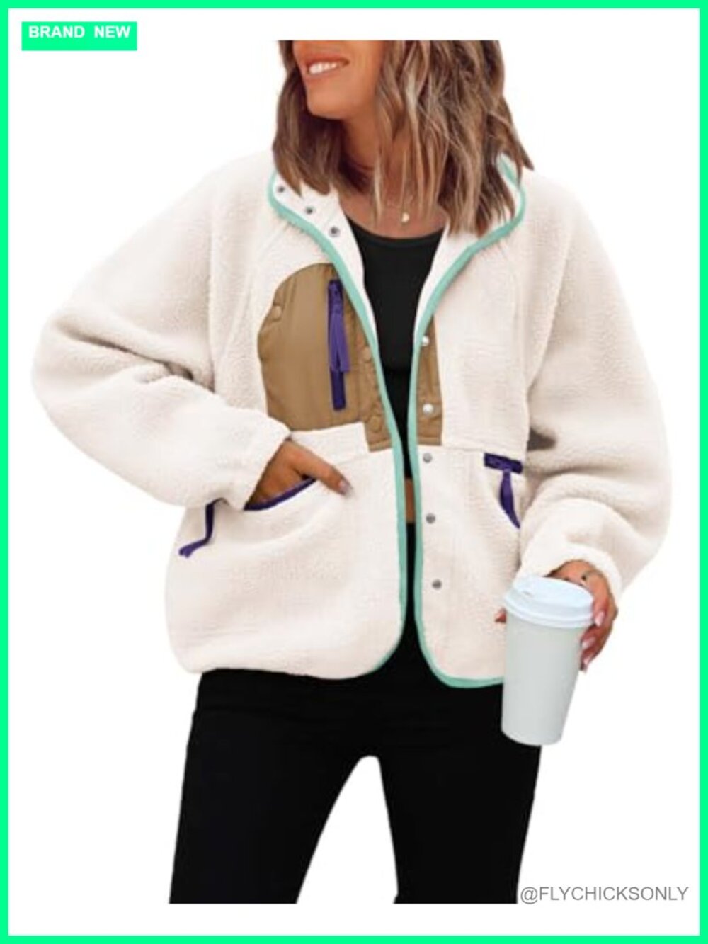 Cropped Fuzzy Fleece Button Down Jacket Sherpa Zip Pockets